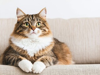 Obraz premium Happy Sunday morning concept. A curious cat lounging comfortably on a soft couch.