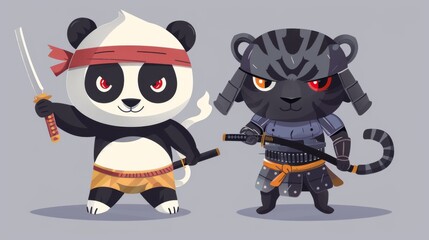 illustraction of techwear chibi panda ninjas robot mecha future JAPANESE VIBE detailed design for streetwaer and urban style t-shirts design