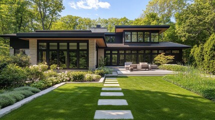 Naklejka premium Modern House With Large Windows Surrounded By Lush Green Landscape
