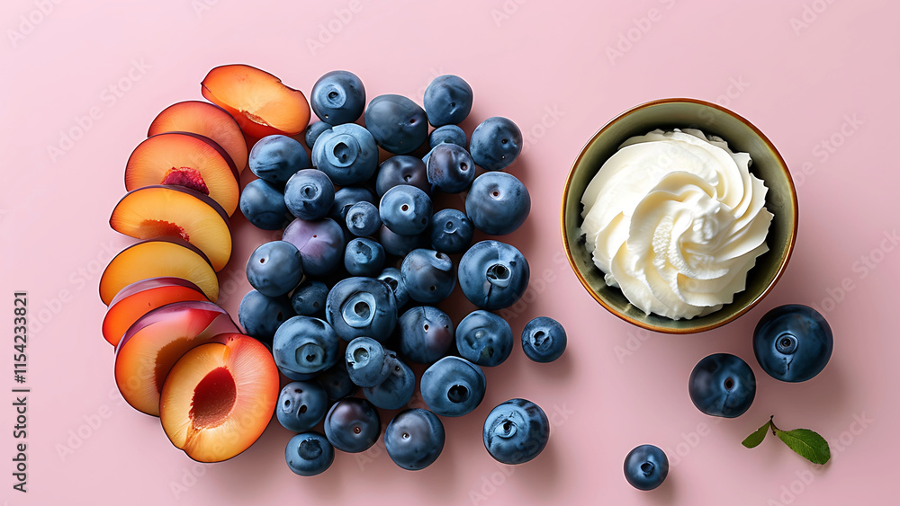 Wall mural Plums, Blueberries and Cream, Healthy Dessert or Breakfast