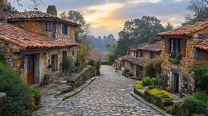 Obraz premium Stone Village Street Cobblestone Houses Sunset