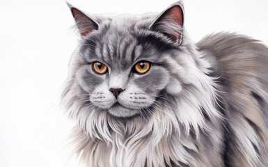 A detailed and realistic portrait of a cat. The cat has a majestic appearance with long, flowing gray fur and striking amber eyes. 