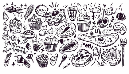 Hand-drawn bakery food doodles, dessert illustrations, baking background, recipe website design.