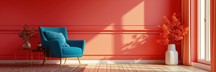 Contemporary Living Room with Blue Armchair and Coral Wall in 3D Concept