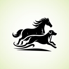 Horse and Dog running side by side, vector silhouette