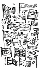 Hand-drawn banners, flags, and pennants; design elements; white background; website, social media; graphic design.