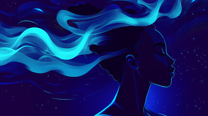 Meditative black woman in an abstract style, radiating calm blue psychic energy, symbolizing well-being, mindfulness, and spiritual self-love. Oscillation. Illustration