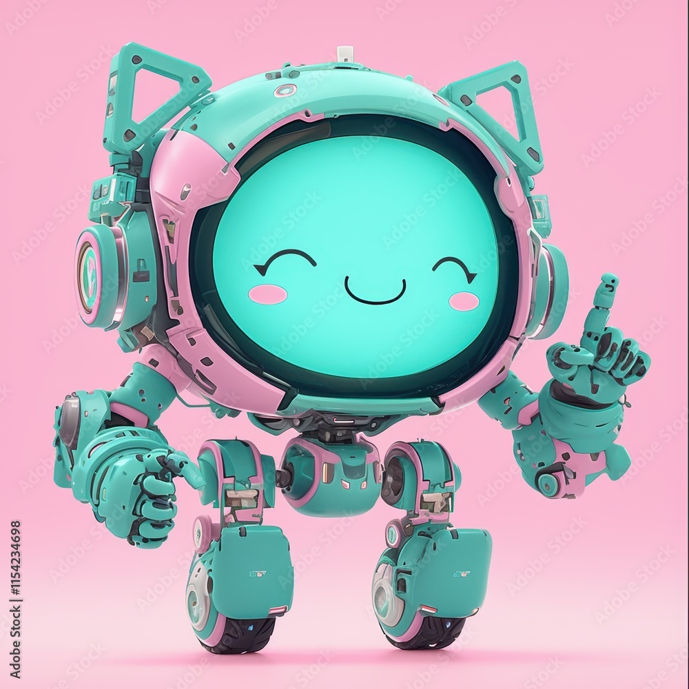 Poster a cheerful, cartoonish robot character with a friendly expression.