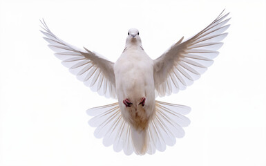 Obraz premium A white dove in mid-flight, with its wings fully spread out. The dove appears to be flying upwards, with its head facing forward and its body slightly tilted. 