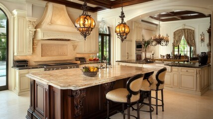 Elegant Kitchen Interior with Modern Fixtures and Gourmet Island