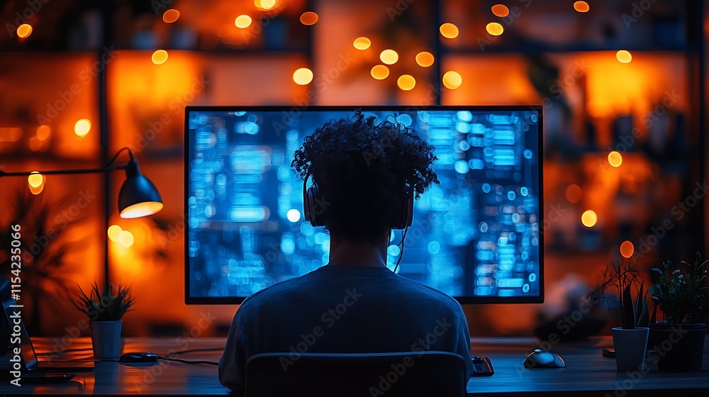 Aufkleber person coding late night at computer
