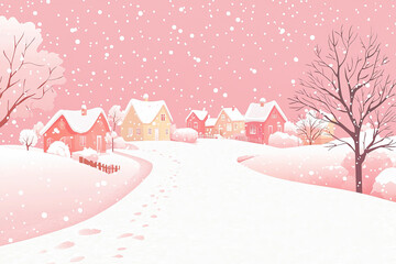 Pink postcard with winter snow scene, houses and trees