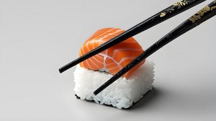 Generative AI with a transparent background and black chopsticks holding sushi.