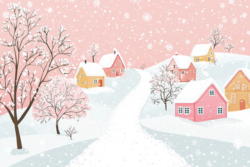 Naklejka premium Pink postcard with winter snow scene, houses and trees