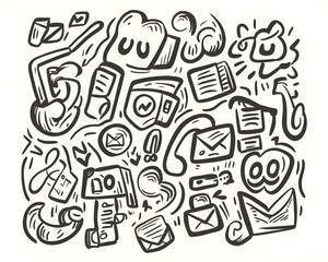 Hand-drawn communication doodle icons; email, messaging, post, office supplies; chaotic background; website, social media design.