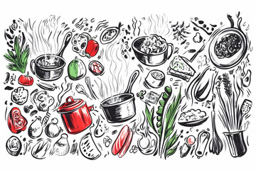 Hand-drawn cooking ingredients, pots, and food illustration; kitchen scene; recipe design.