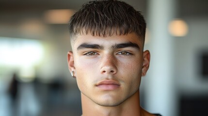 Young man with textured haircut poses confidently in modern indoor setting