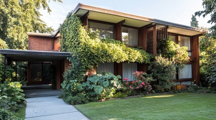 Fototapeta premium Modern house with lush green vines and beautiful garden landscape