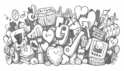 Obraz premium Hand-drawn doodle music, food, and love design, celebratory background, website banner.