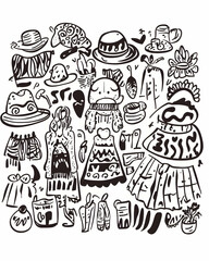 Hand-drawn fashion clothing doodles, accessories, and plants; white background; for textile design.