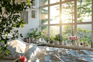 Cozy Home Comfort: Interior with Bed, Large Window, and Decorative Elements