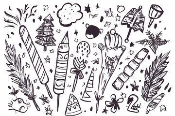 Naklejka premium Hand-drawn festive doodles; fireworks, candy, party; white background; design elements.