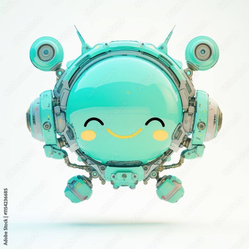 Poster a cheerful, futuristic robot character with a smiling face and floating design.