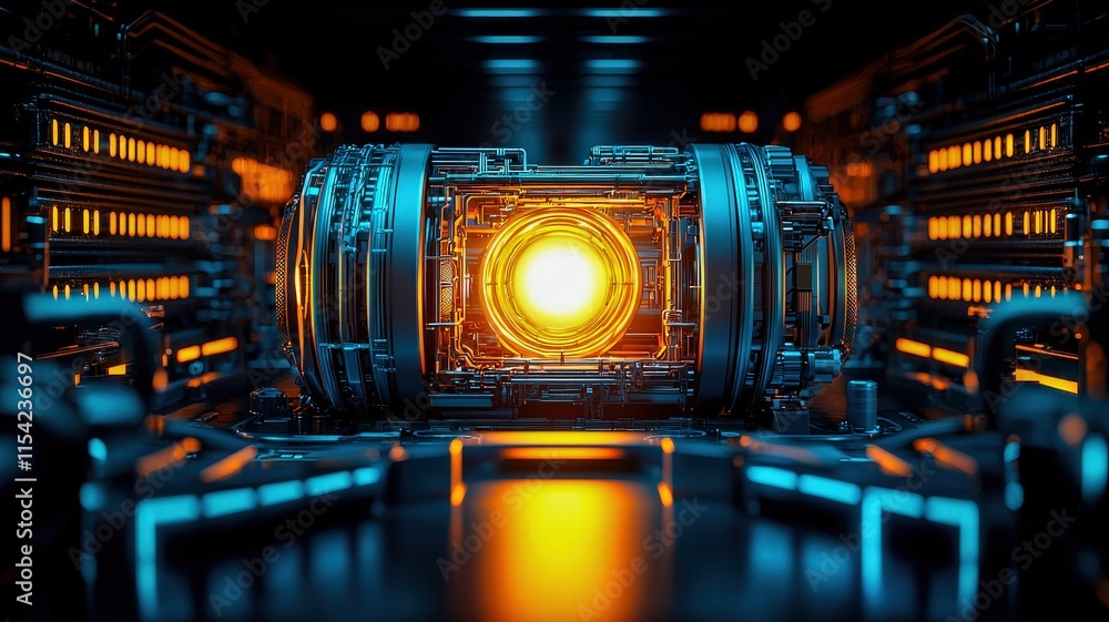 Aufkleber a glowing fusion generator in a large-scale setting, showcasing bright illumination and advanced tec
