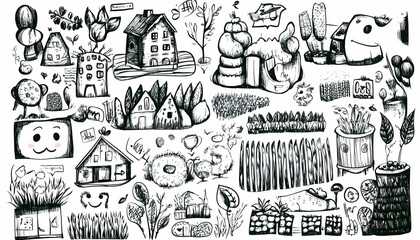 Hand-drawn houses, plants, and nature elements; white background; design resource.