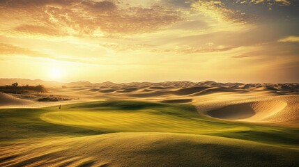 An immersive golf course surrounded by desert dunes at sunset, Golf clubs ready for twilight play, Desert sunset elegance style