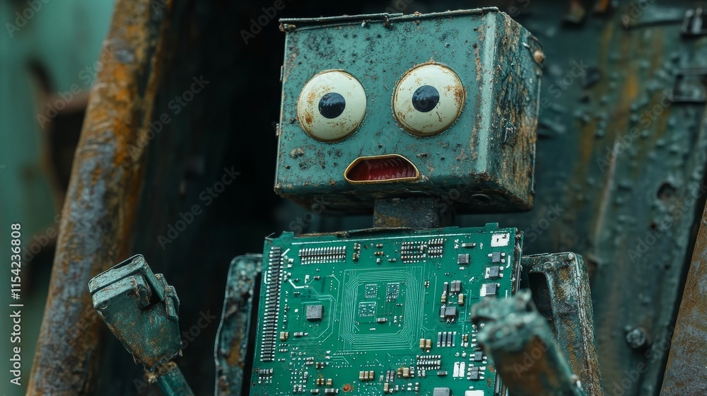 Poster a distressed-looking robot with wide, expressive eyes and a rusted body stands with an exposed circu