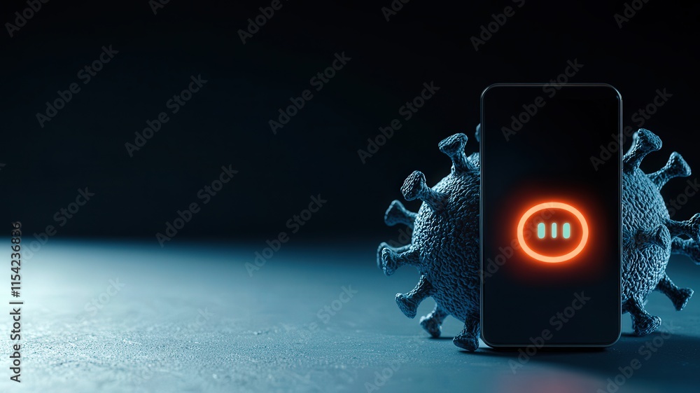 Poster a smartphone with a pause symbol is positioned against a stylized virus, symbolizing the impact of c