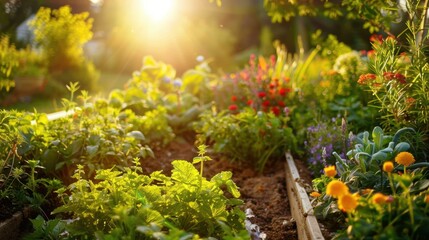 Vibrant Morning Garden: Fresh Vegetables and Herbs in Sunlight for a Natural Lifestyle