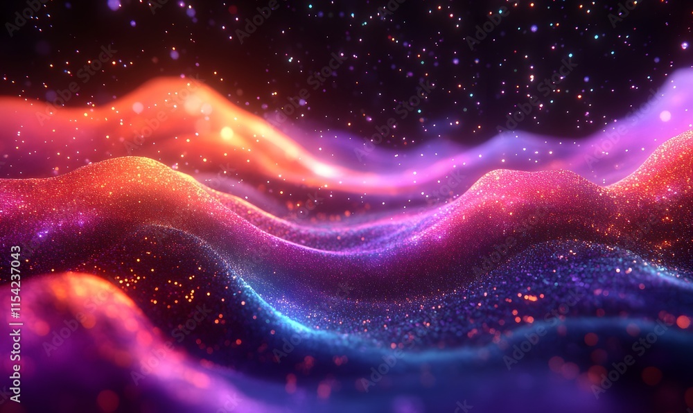 Poster neon-colored digital wave with particles flowing smoothly in a futuristic setting
