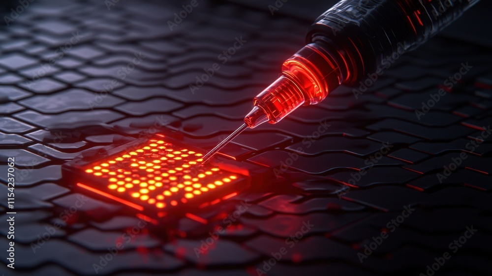 Aufkleber a close-up of a syringe injecting a glowing red substance into a circuit-like surface, showcasing a 