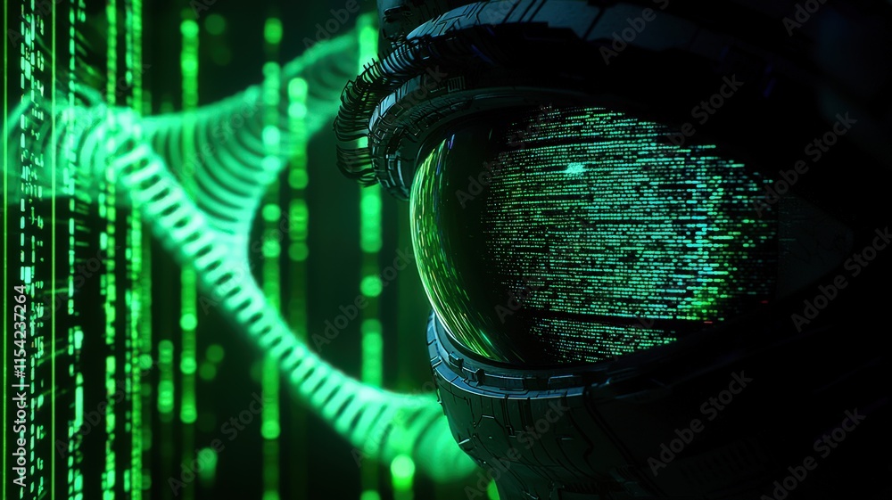 Poster the image depicts a futuristic eye surrounded by green digital patterns, representing themes of tech