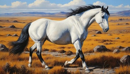 Obraz premium Majestic White Mustang Galloping Across Golden Plains