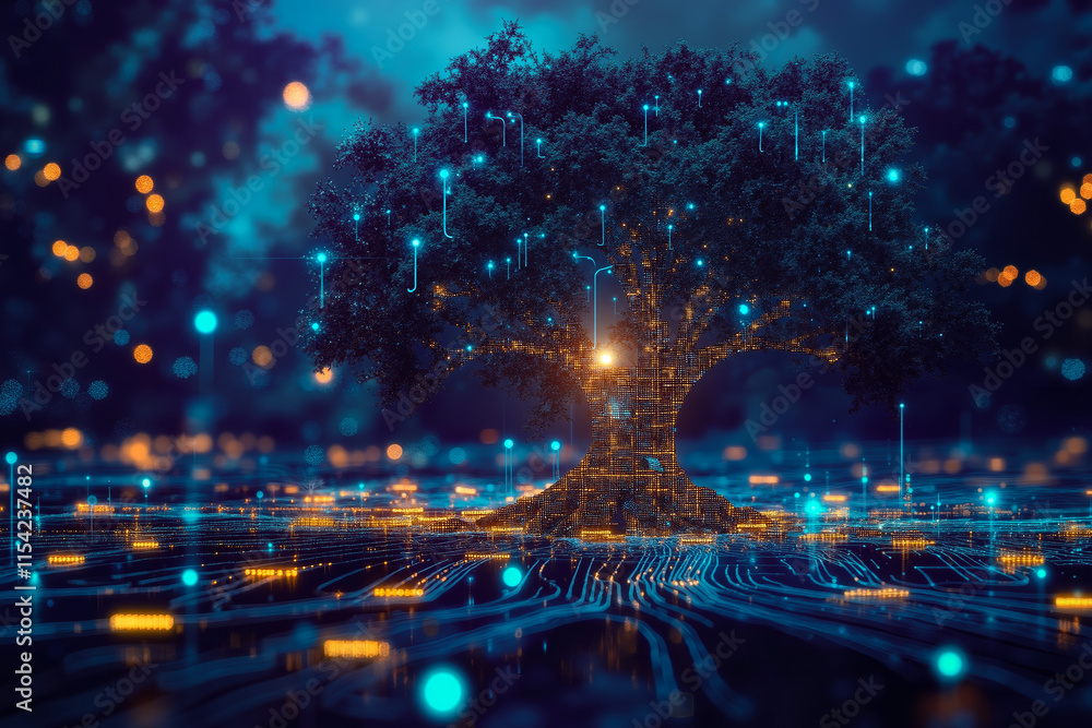 Wall mural a tree with a circuit board in the middle of it