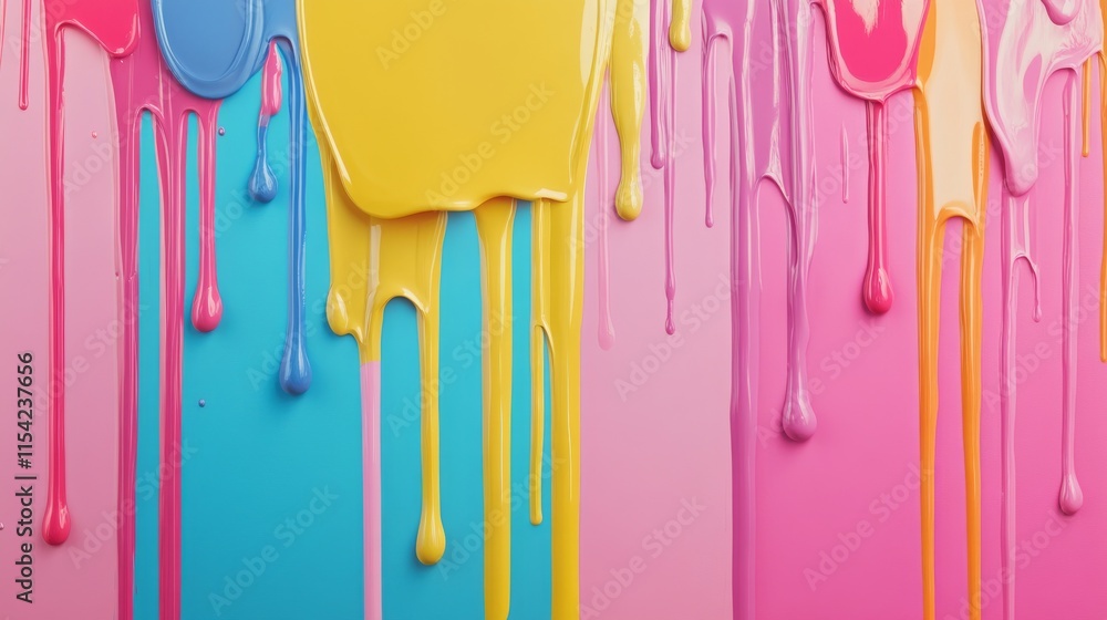 Poster smooth pastel paint drips cascade down a vibrant gradient backdrop, creating a soft yet colorful vis