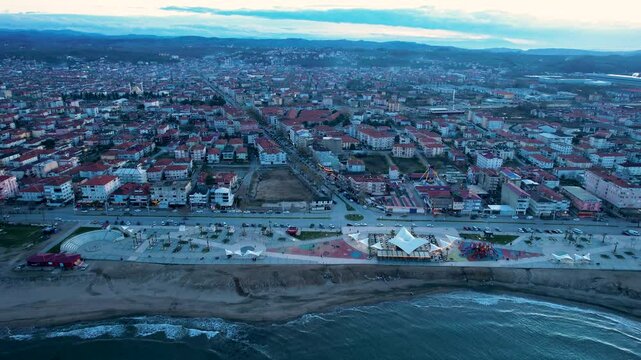 Karasu District in Sakarya, Turkey. Sunset landscape of Karasu. Aerial shooting with drone.
