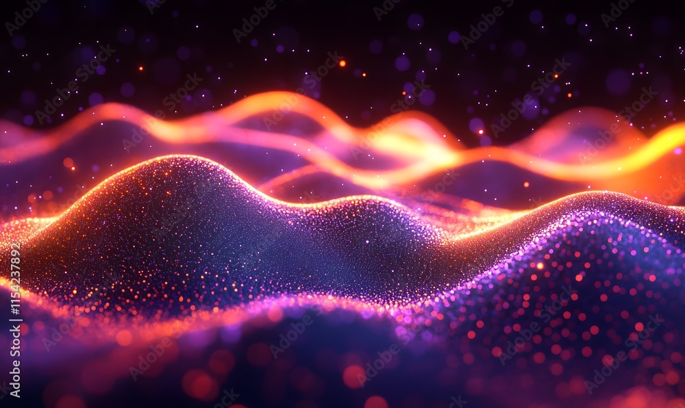 Poster neon-colored digital wave with particles flowing smoothly in a futuristic setting