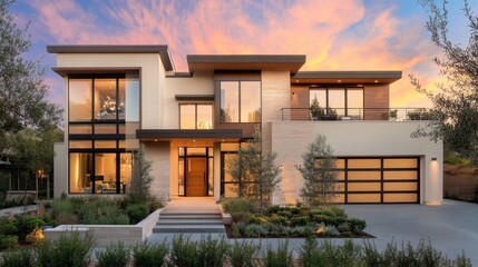 Modern Elegance of a Luxury Home with Sunset Background