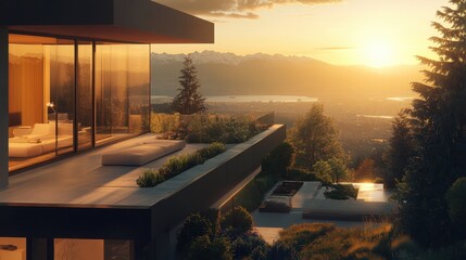 Fototapeta premium Modern Architectural Design Overlooking Scenic Mountain Landscape