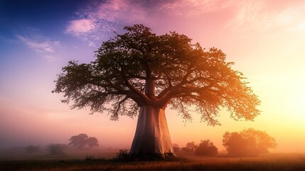 Majestic tree silhouetted against vibrant sunset, showcasing nat