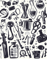 Hand-drawn science lab equipment pattern, glassware, tools, background, seamless design.