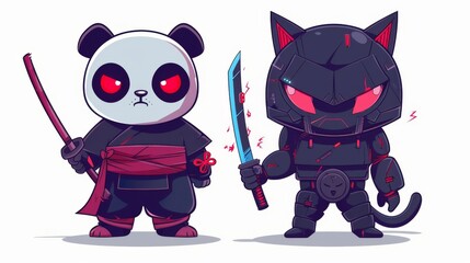 illustraction of techwear chibi panda ninjas robot mecha future JAPANESE VIBE detailed design for streetwaer and urban style t-shirts design