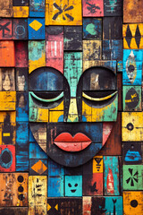 A colorful wooden wall with a face painted on it