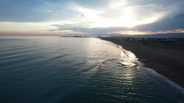 Karasu District in Sakarya, Turkey. Sunset landscape of Karasu. Aerial shooting with drone.