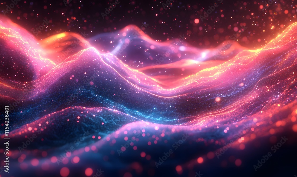 Poster neon-colored digital wave with particles flowing smoothly in a futuristic setting