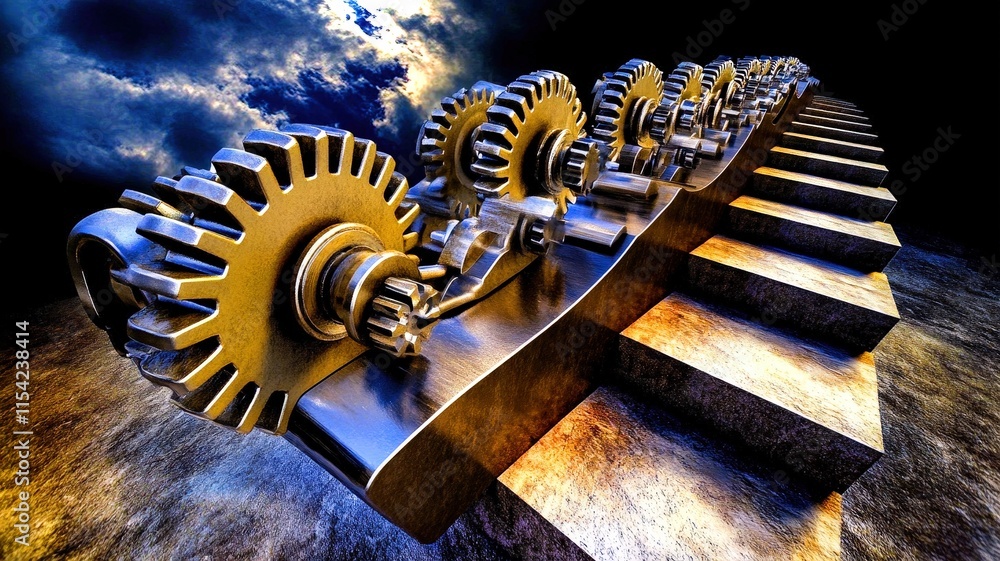 Poster a striking image of interlocking gears and a metallic structure under a dramatic sky, conveying them